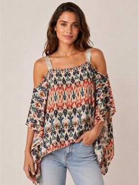 SW3 Bespoke 100% Silk Cold Shoulder Boho Ikat Top Handkerchief Sleeve